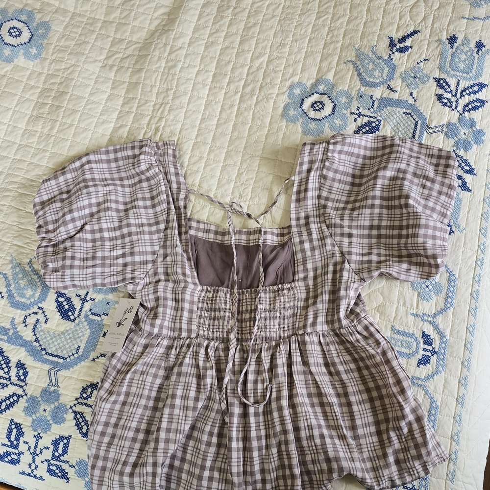 Plaid Puff Sleeve Blouse - Brown - Picture 2 of 2
